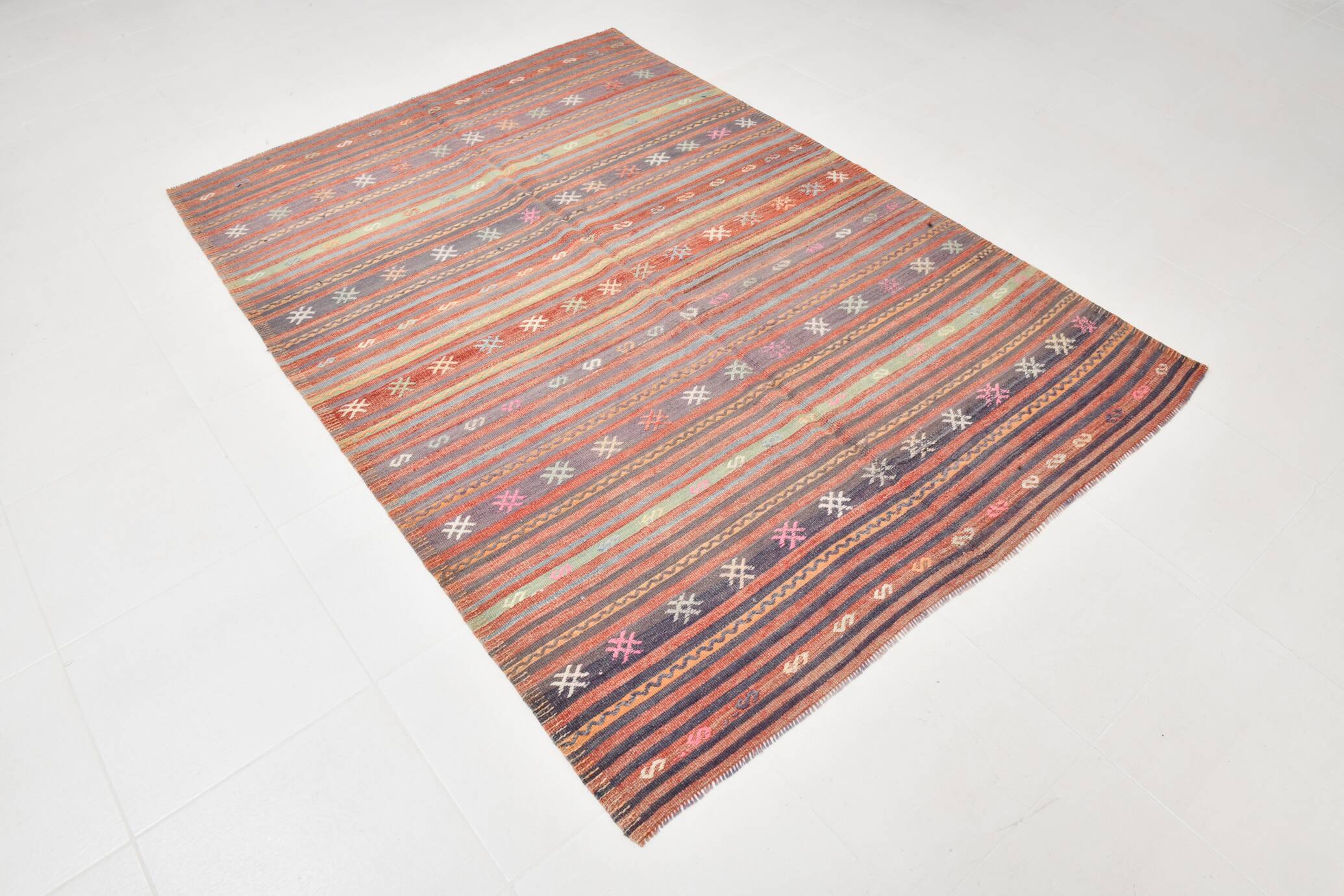 7x5 Red & brown Handmade Wool Kilim Rug,221x156 Cm