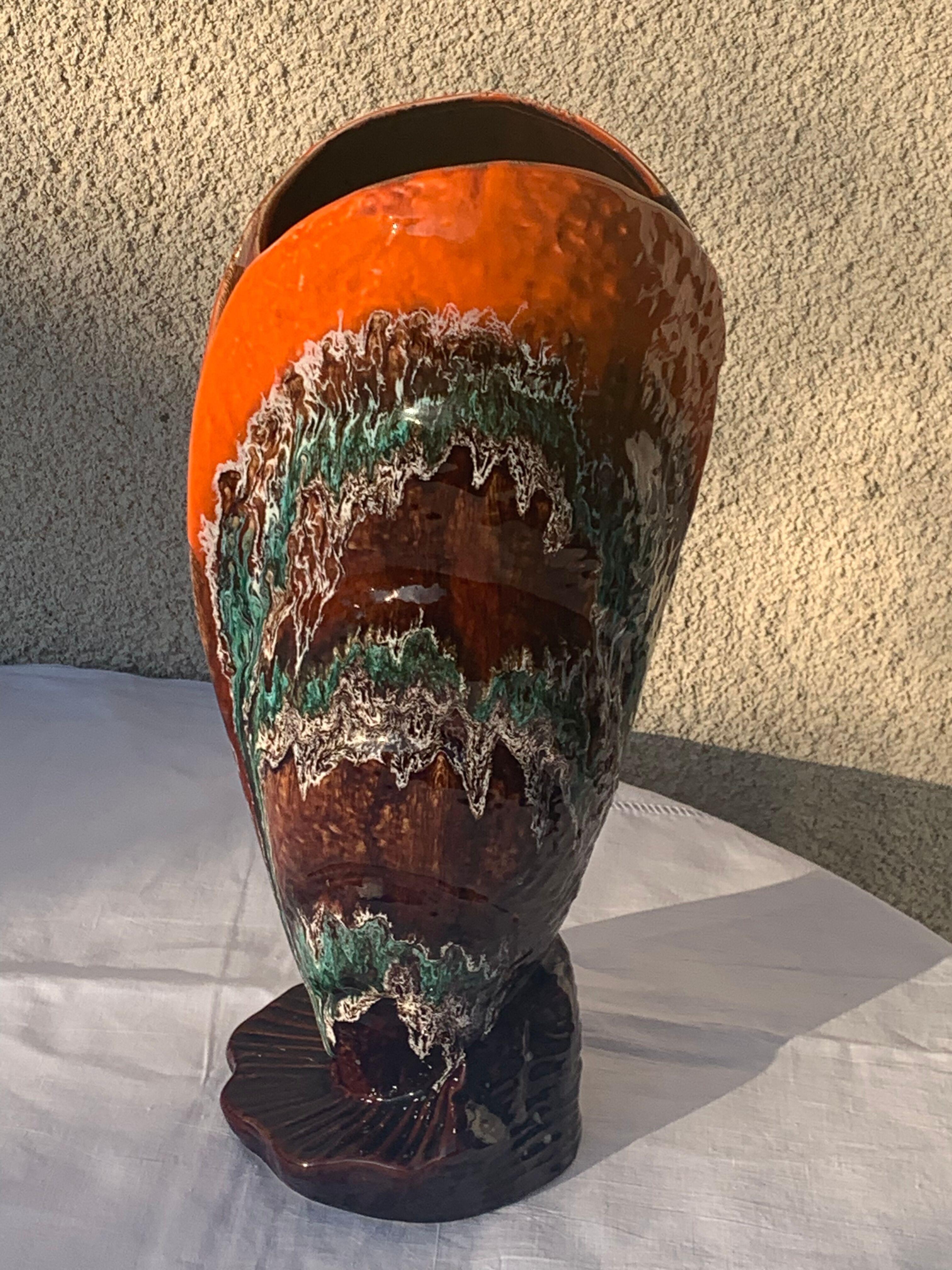 Flamed glazed ceramic slip vase molded pearly vintage vallauris
