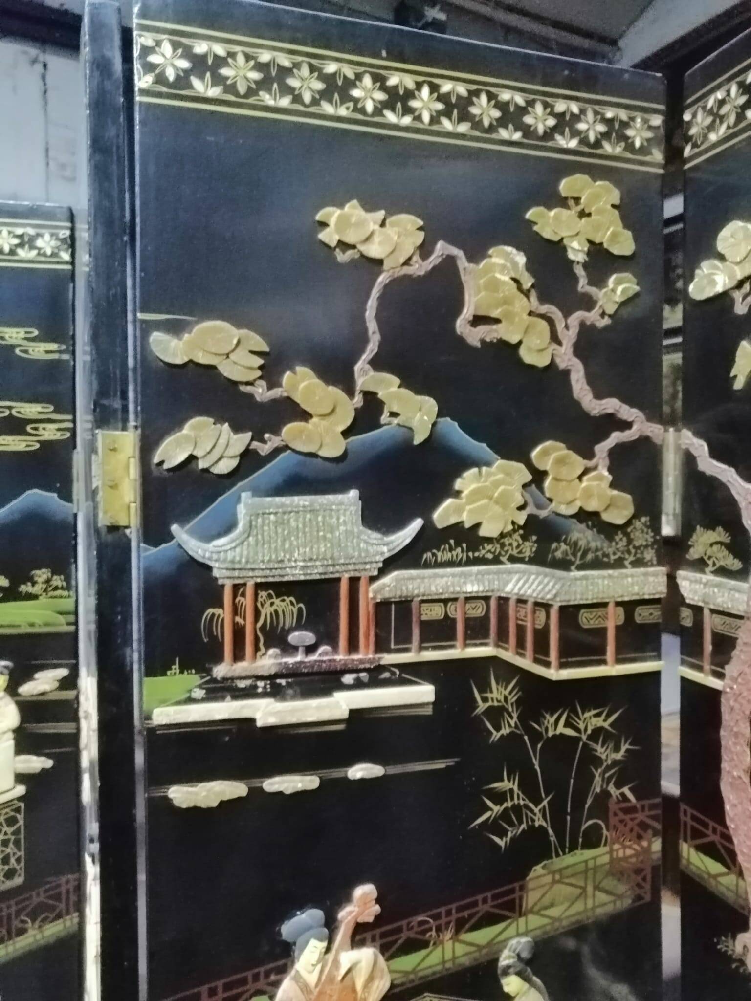 Antique Chinese bedroom screen, inlay of soapstone, jade, ivory, mother-of-pearl