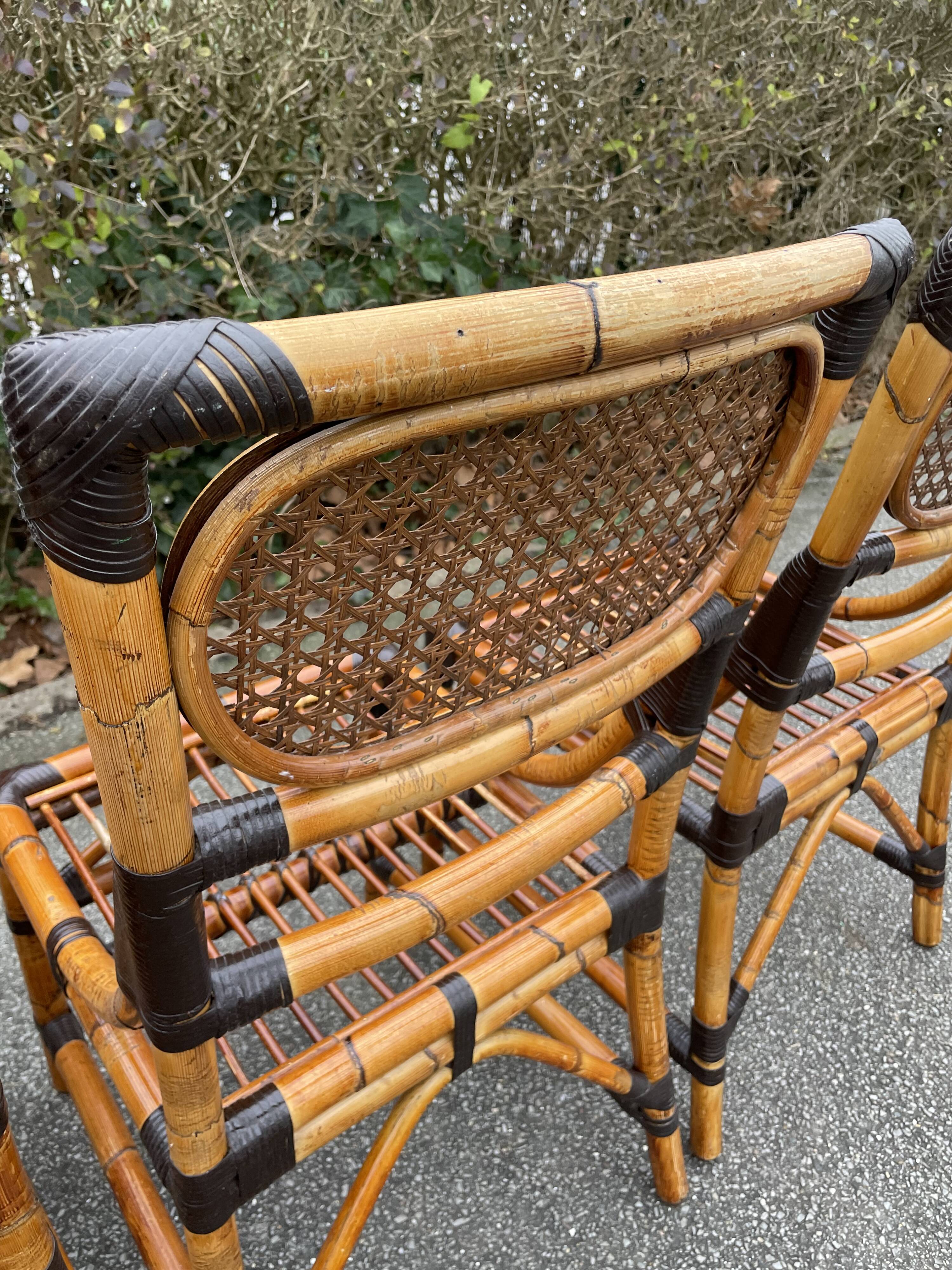 4 chaises en bambou et cannage