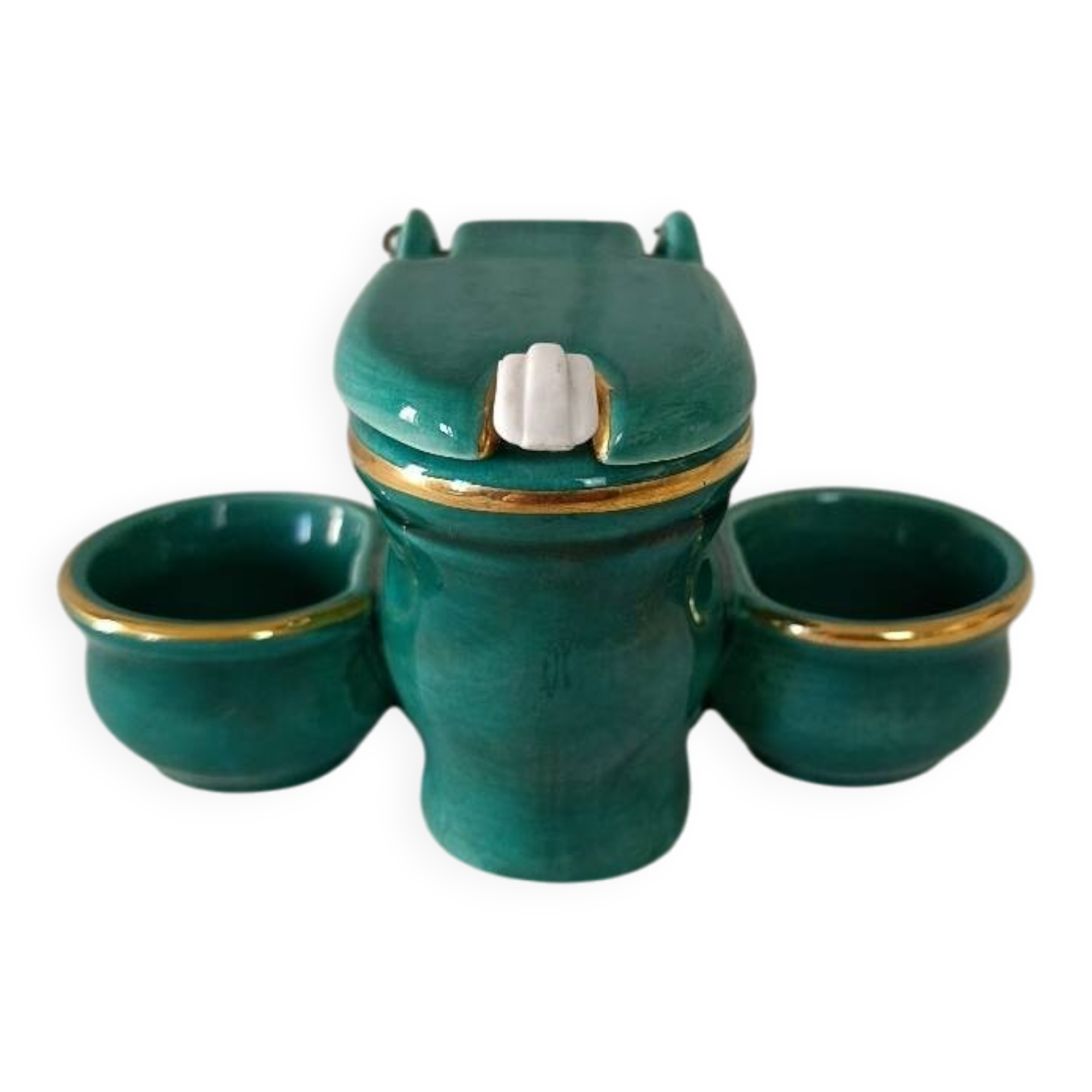 Mustard and salt pepper shaker in the shape of a toilet.
