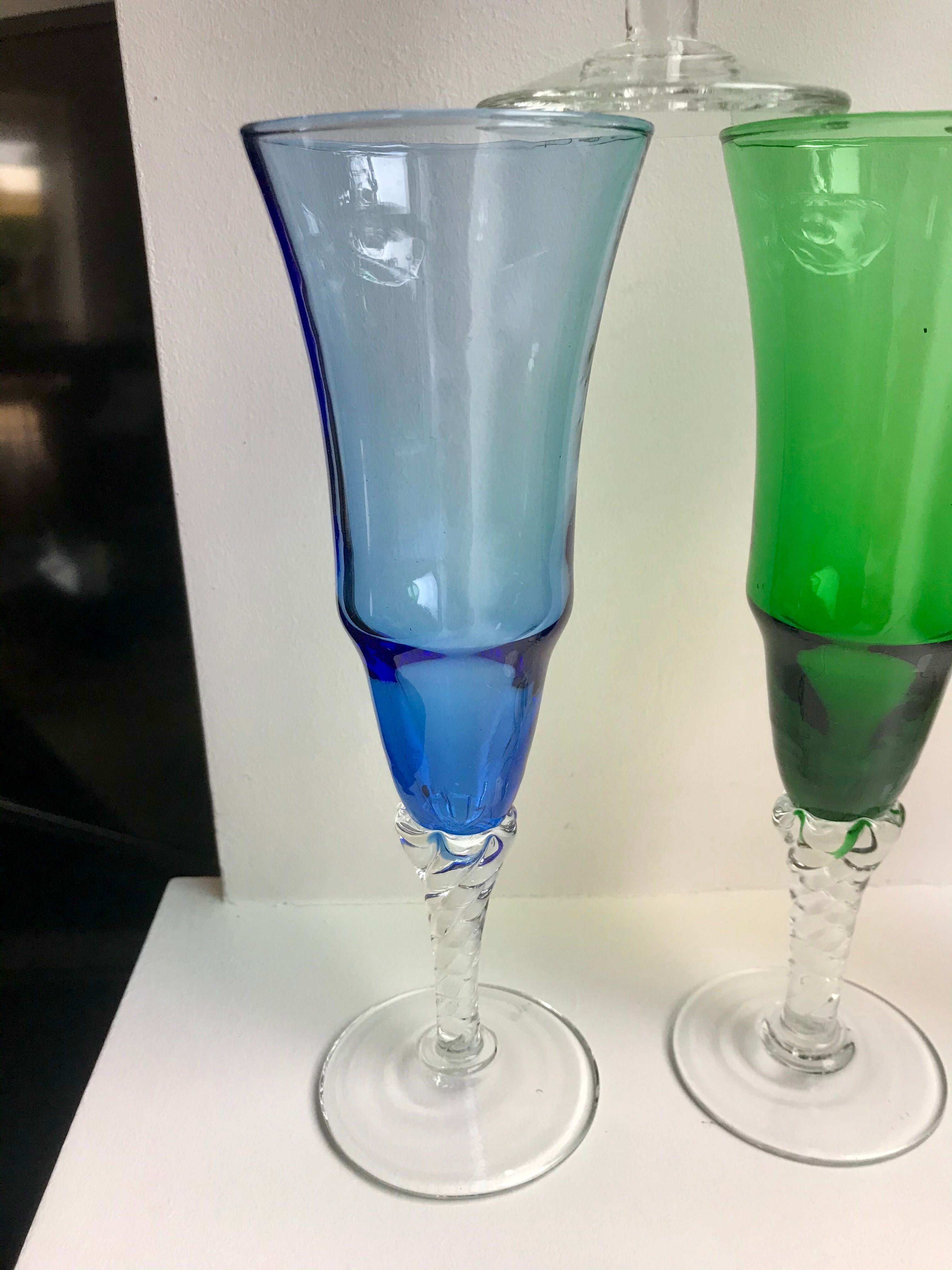 Set of 5 colorful champagne flutes feet worked 60-70s