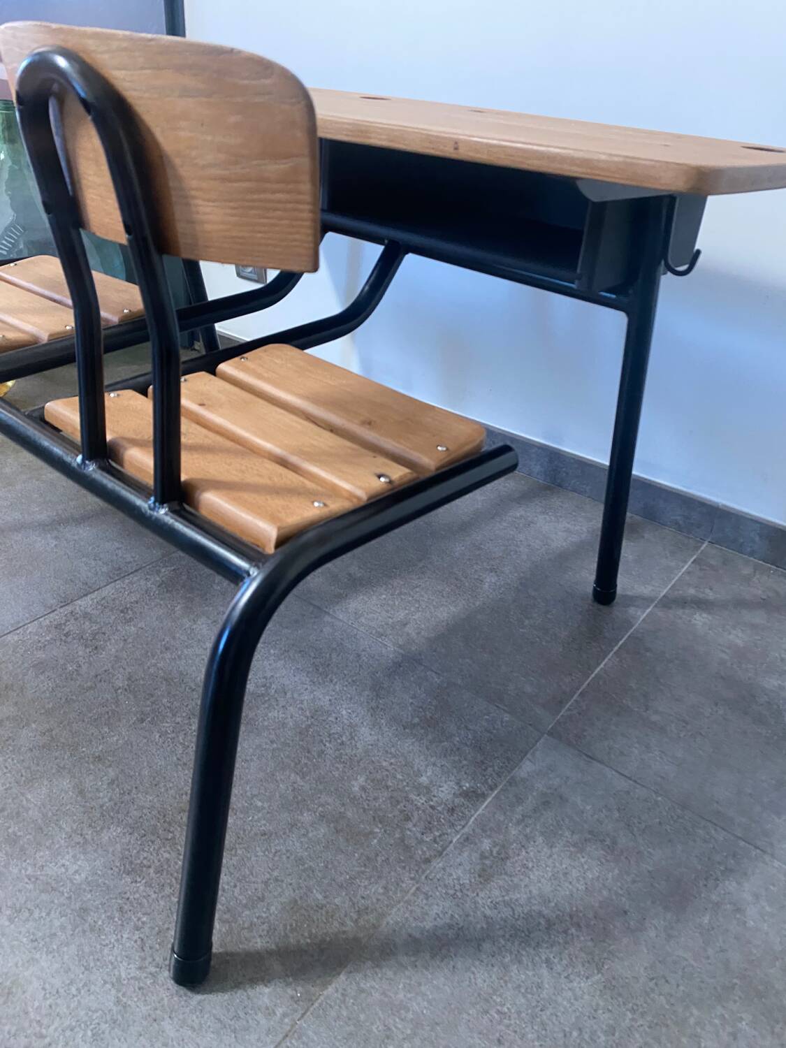 Vintage double school desk, refurbished in black and wood