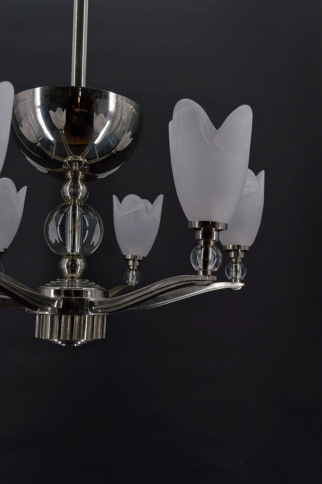 6-spoke Art Deco Modernist chrome chandelier, France, circa 1930