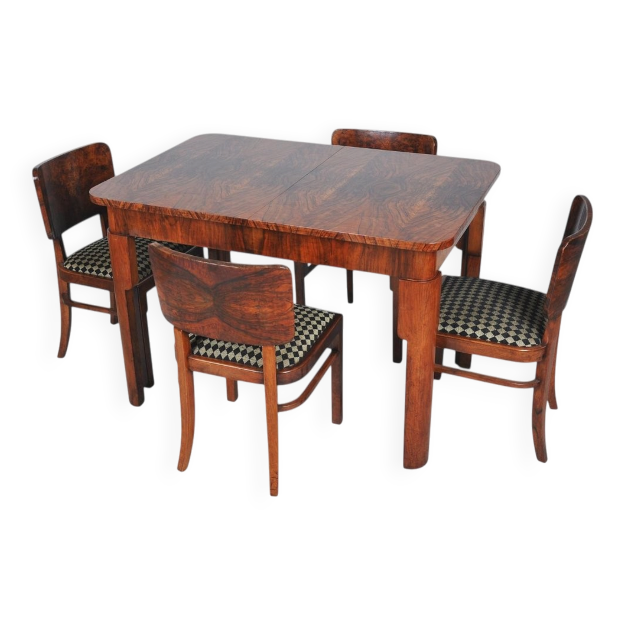 Art Deco Dining Set in Beech, Spruce and Walnut Veneer, Czech, 1920s, Set of 5