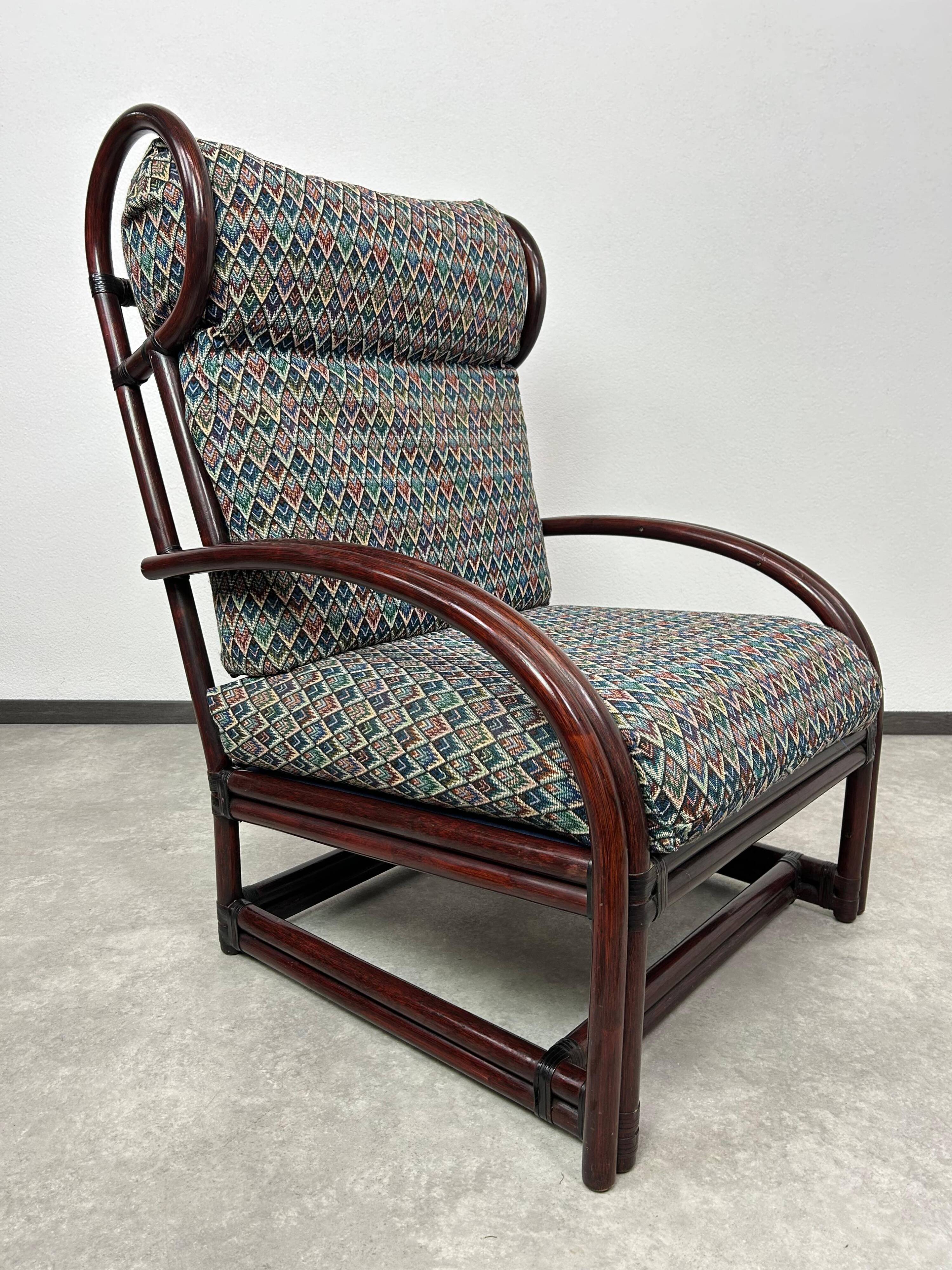 Fauteuil à oreilles en bambou de style milieu du siècle avec tabouret par Gervasoni