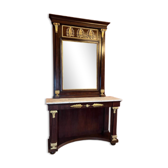 Italian Empire Mahogany and Parcel Gilt Console with Mirror and Carrara Marble Top, Late 18th Century