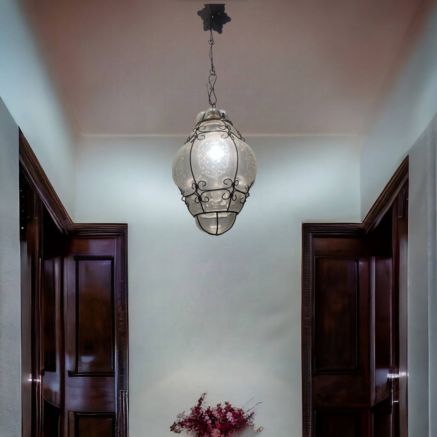 Wrought Iron Murano Glass Light Pendant 1950’s