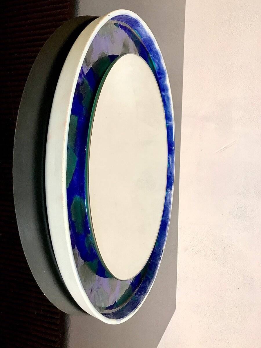Hand-painted round ceramic art wall mirror, Germany 1960s