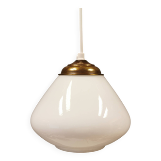 Beautiful ball-shaped hanging lamp in white opal glass with brass top.