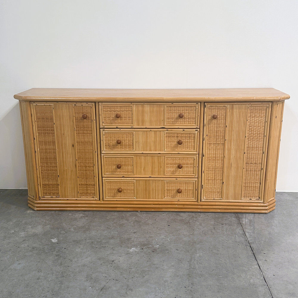 Large coastal rattan and bamboo sideboard credenza, 1980s