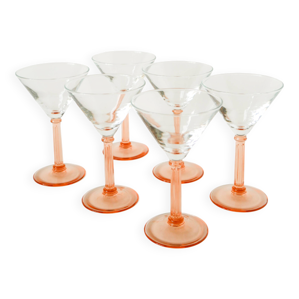 lot de 6 verres à cocktail à pieds travaillés, Rose, Made in France, 1970