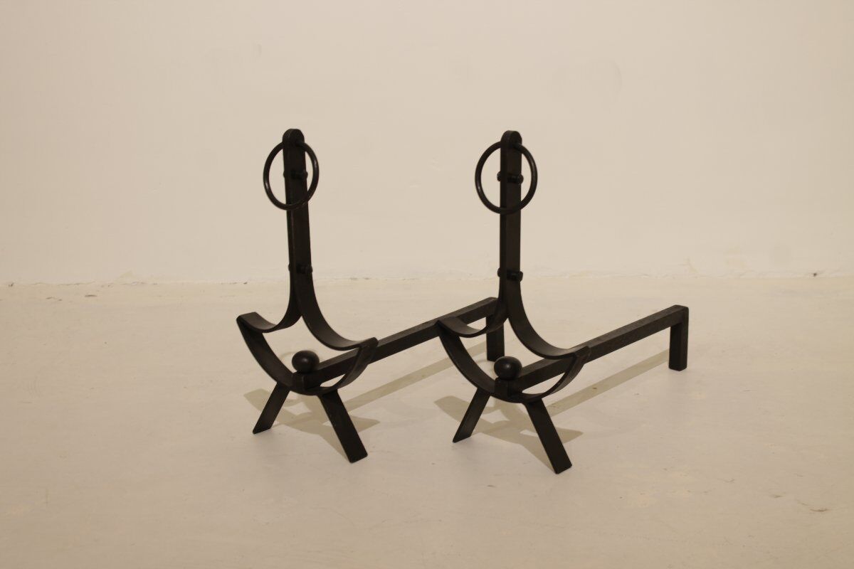 Pair of modernist wrought iron fire dogs
