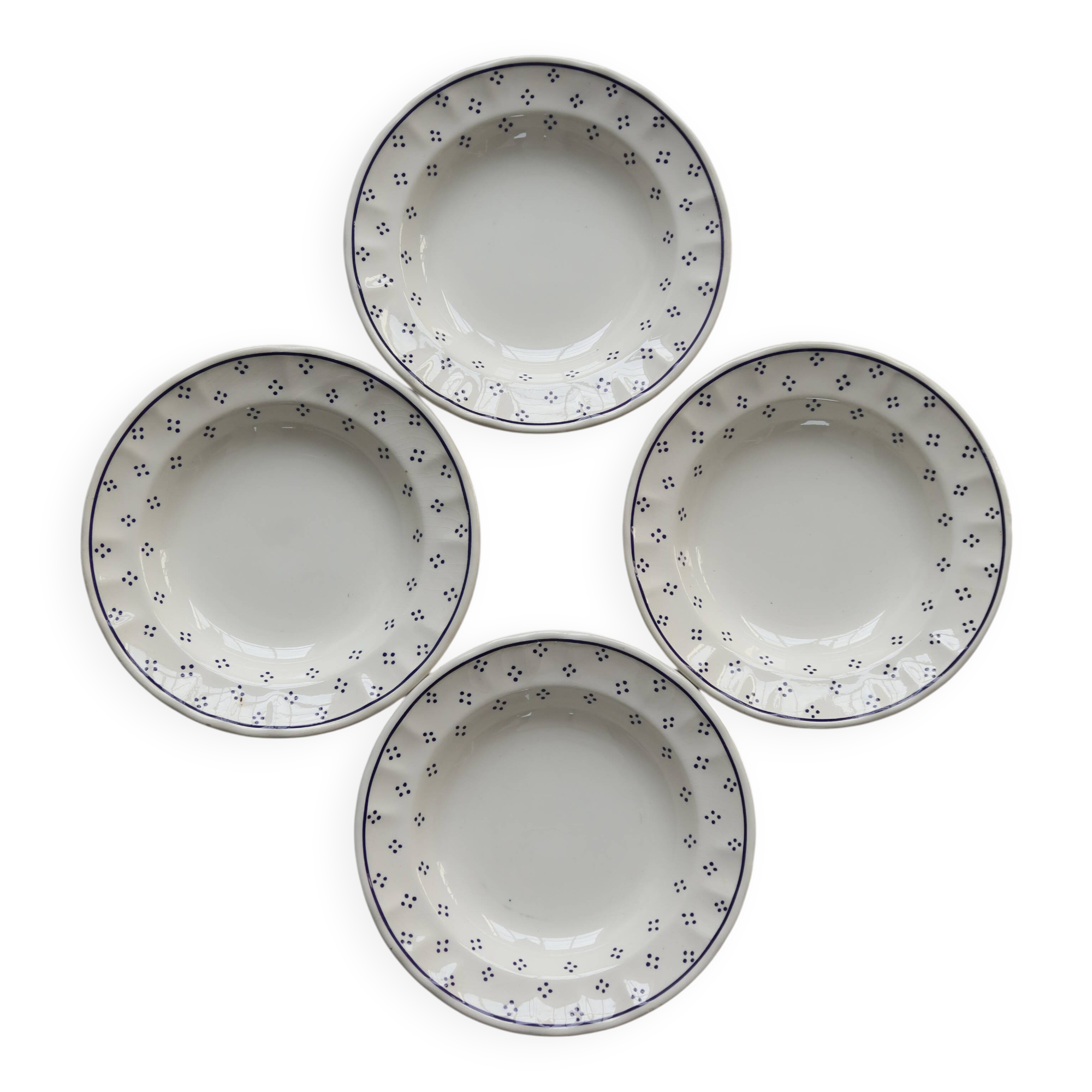 4 vintage white porcelain soup plates - Blue polka dot pattern