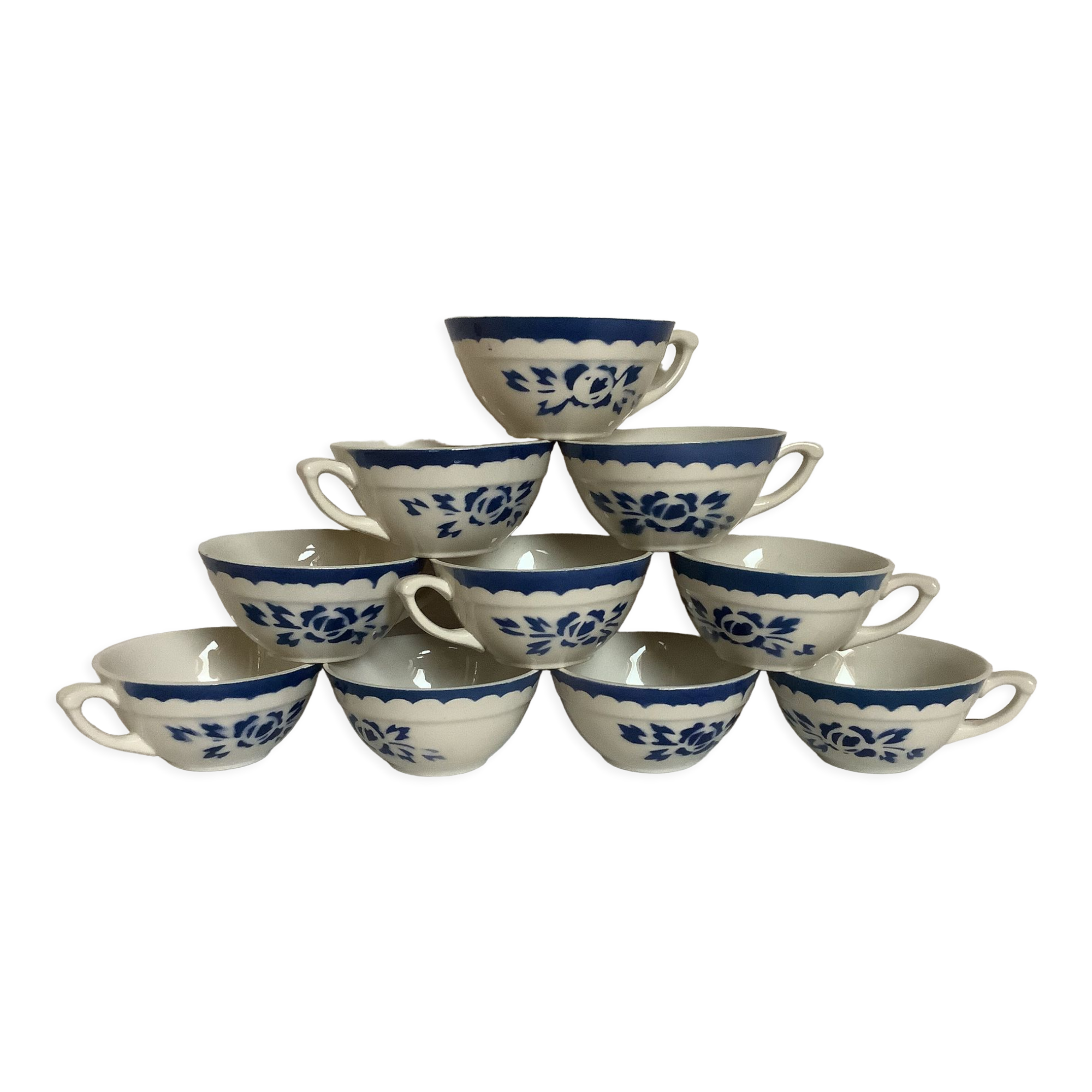 10 old earthenware cups with blue flowers and stencils
