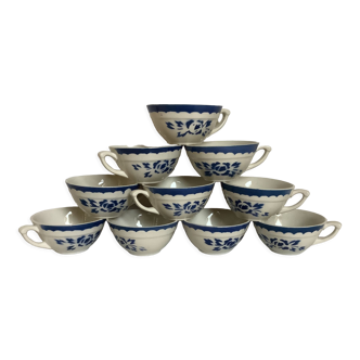 10 anciennes tasses faïence fleurs bleues pochoir