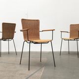 Mid-century metal and rattan dining chairs, set of 3.