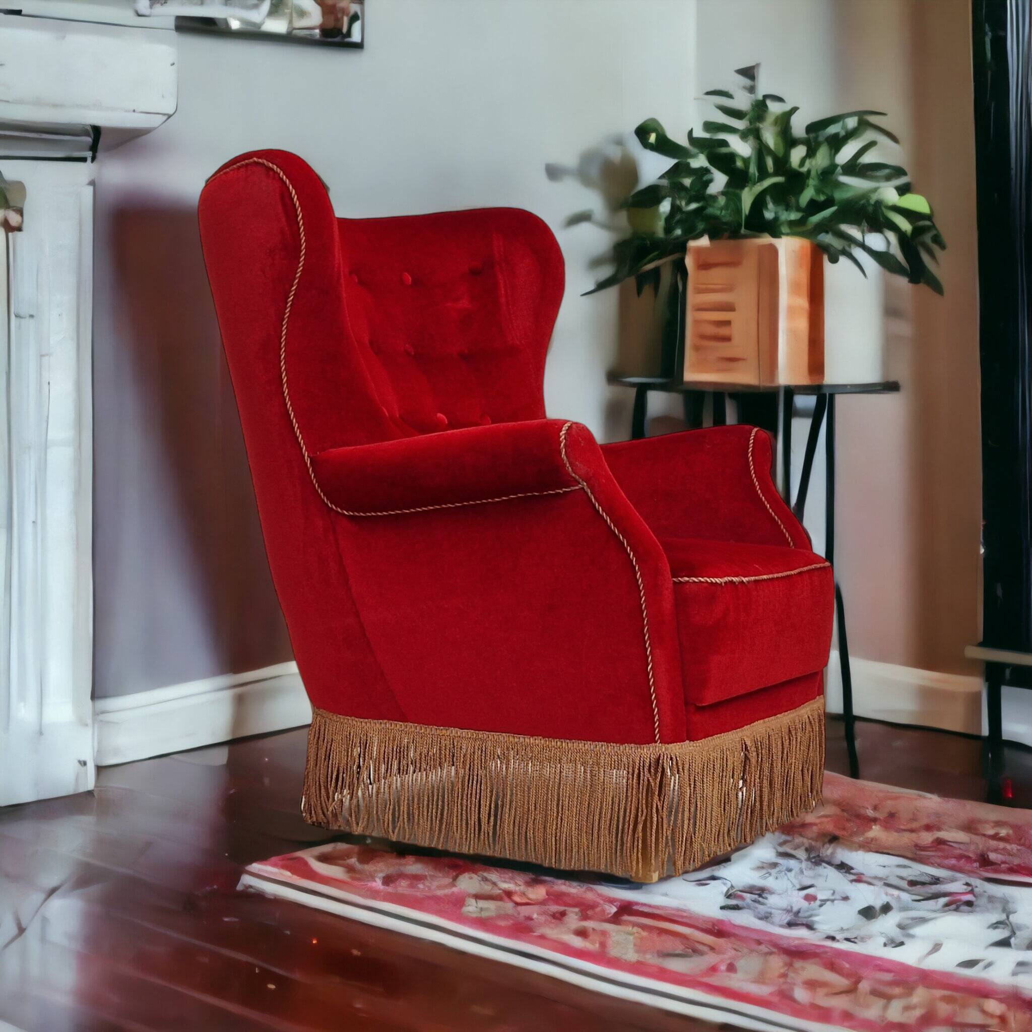 1960s, danish high back vintage armchair in cherry-red velour