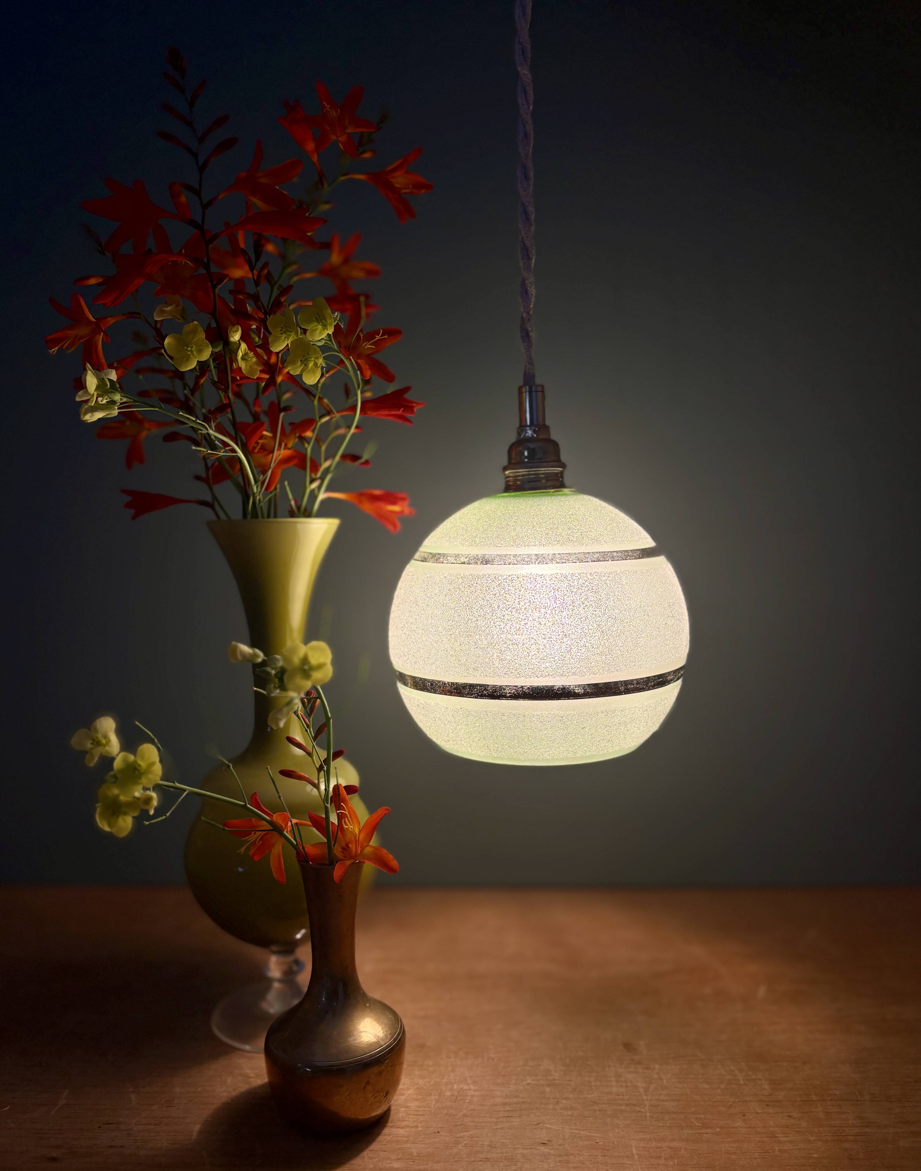 Vintage globe pendant light in green and gold granite glass