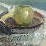 Mid-Century Modern "The Green Apple" Swedish Expressionist Still Life Oil Painting, Framed