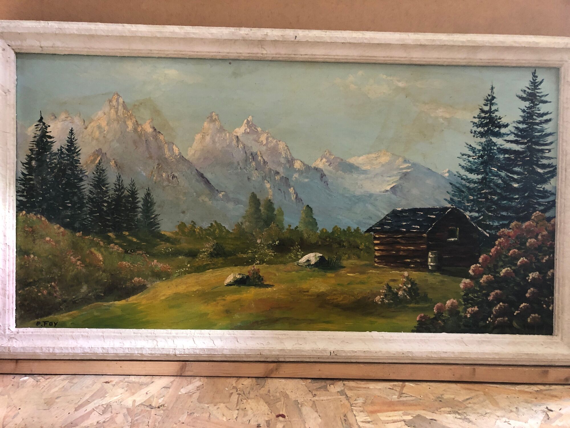 Old painting oil on panel p. FOY Mountain view + Frame Wood Vintage White