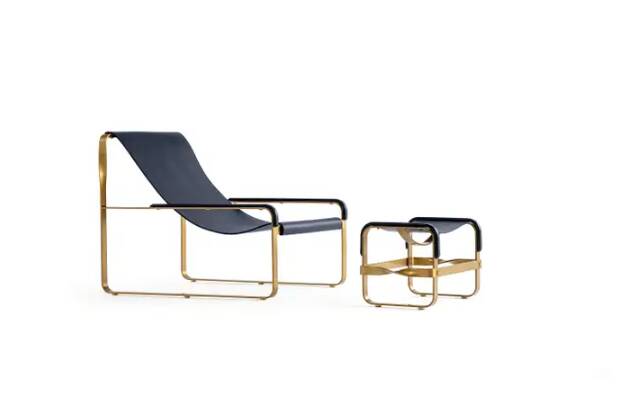 Classic Contemporary Chaise Longue in Aged Brass and Navy Blue Leather