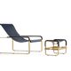 Classic Contemporary Chaise Longue in Aged Brass and Navy Blue Leather