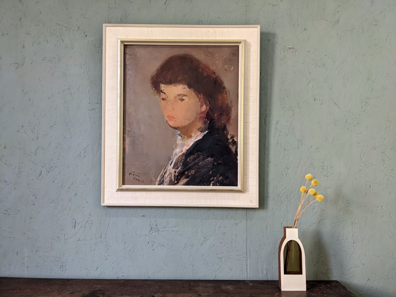 Mid-Century Modern Swedish Oil Painting "Auburn Hair" Vintage Portrait, Framed