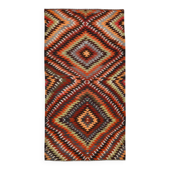 5x9 Wine Red & Green Geometric Vintage Kilim Rug, 153x288Cm