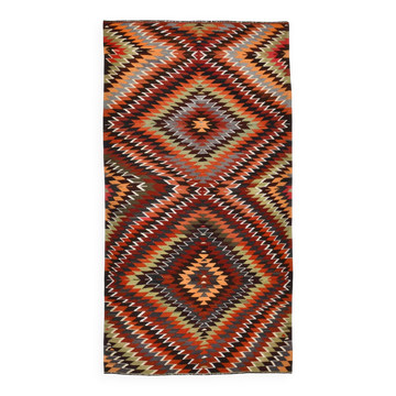 5x9 Wine Red & Green Geometric Vintage Kilim Rug, 153x288Cm