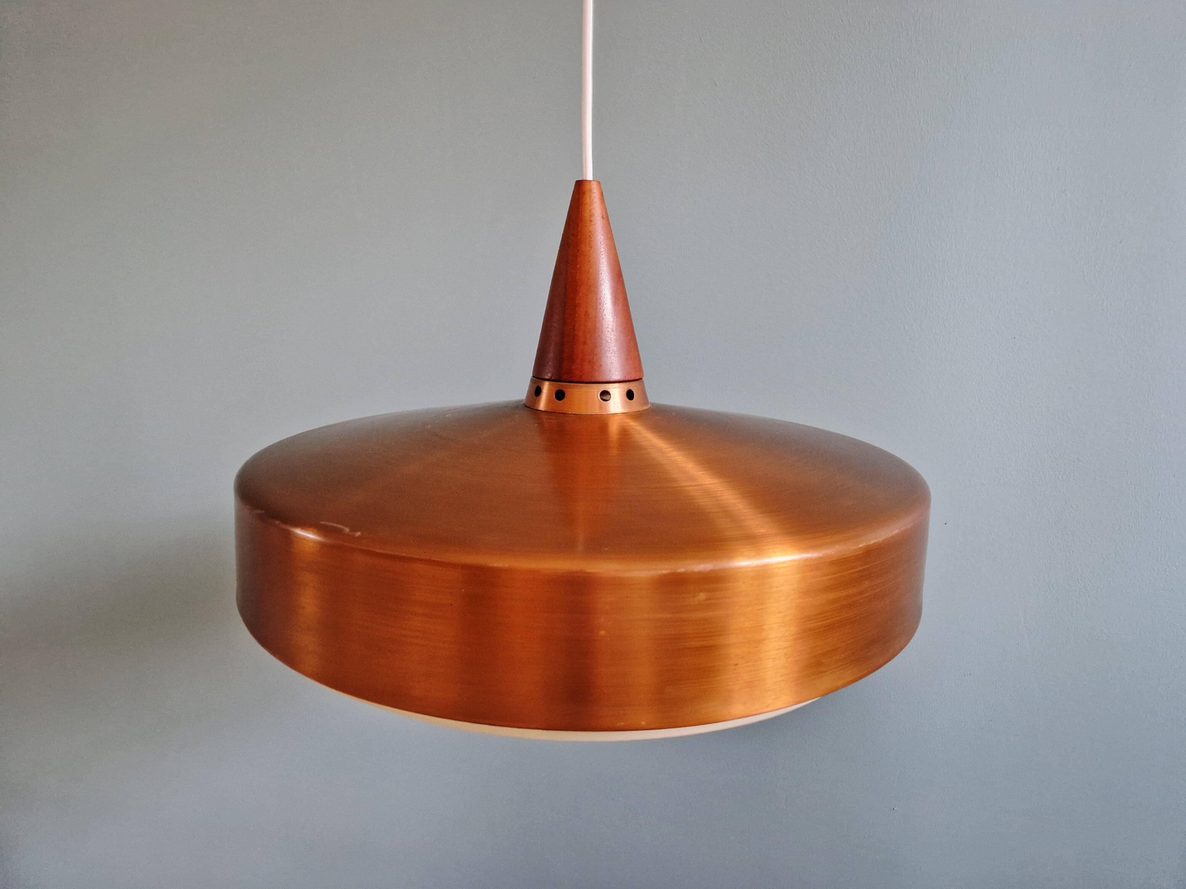 Scandinavian pendant light in copper and teak, 1960s