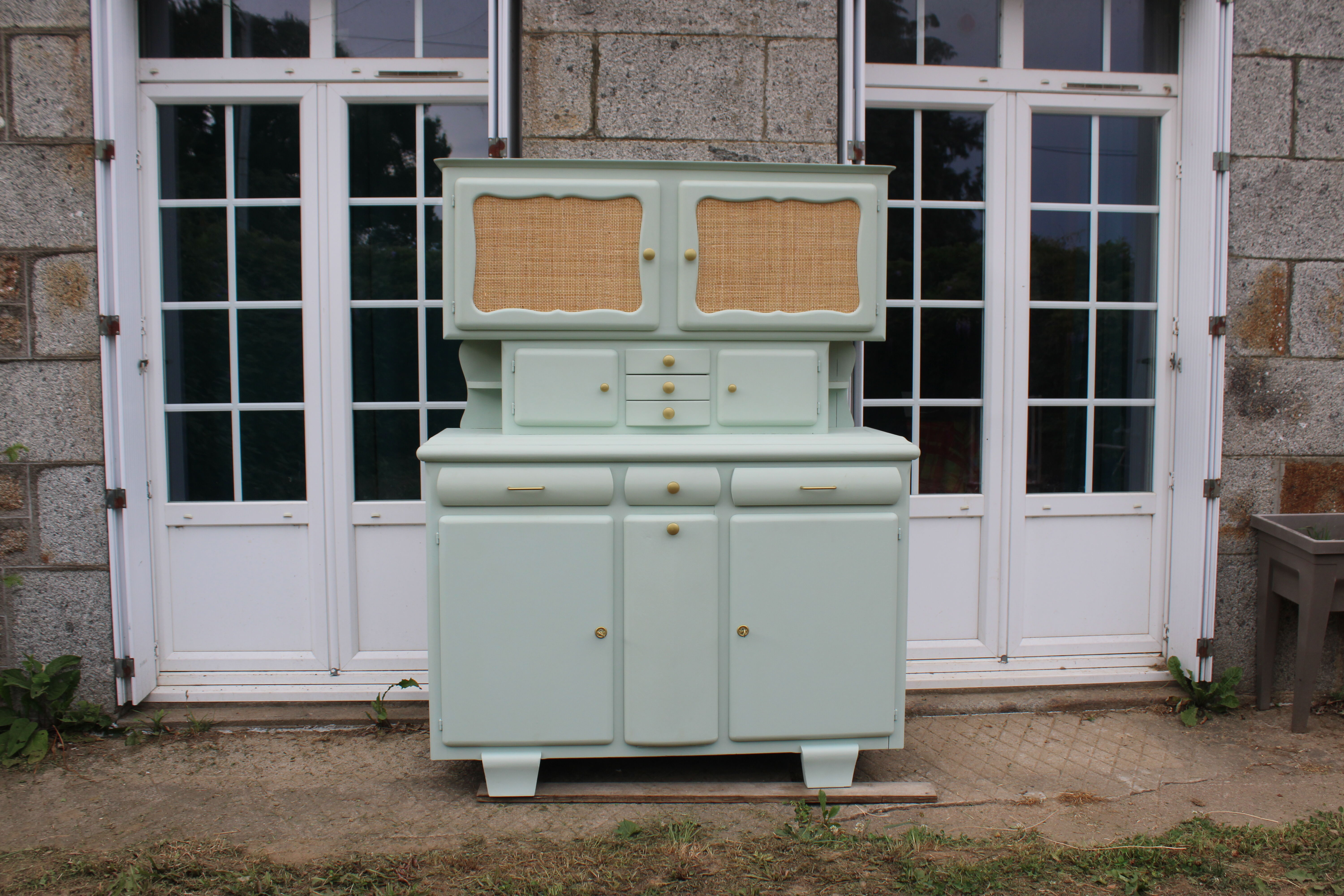 Renovated vintage Mado sideboard – Celadon green & natural cane