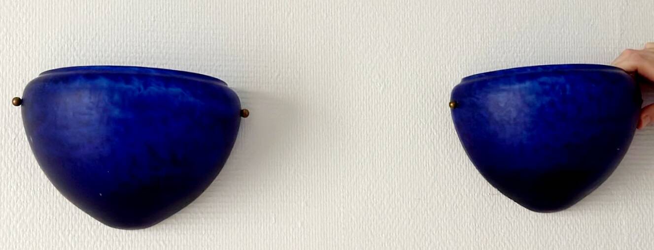 Sconces, signed, in satin blue glass paste from the 1930s