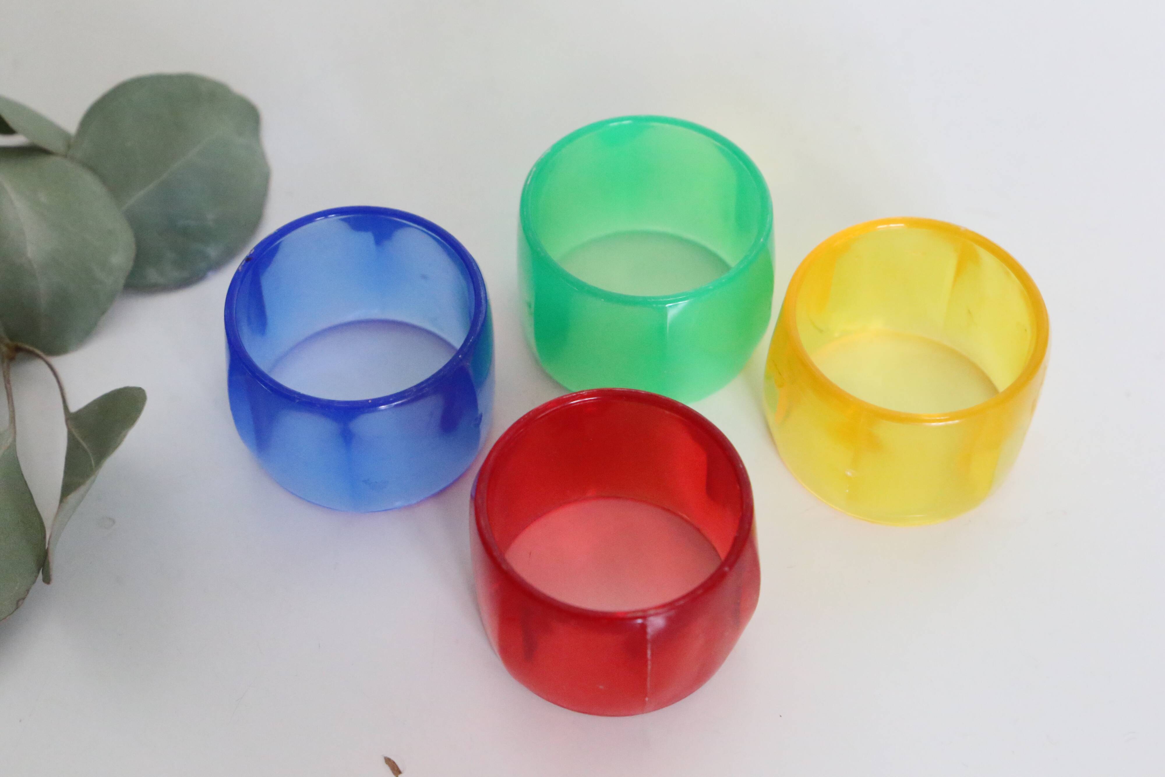 Colorful towel rings made of translucent plastic, vintage