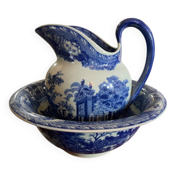 Pichet et bol en grès bleu et blanc Victoria Ware