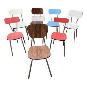 Set of 8 mismatched multicolored formica chairs 60s French mid century vintage 1960