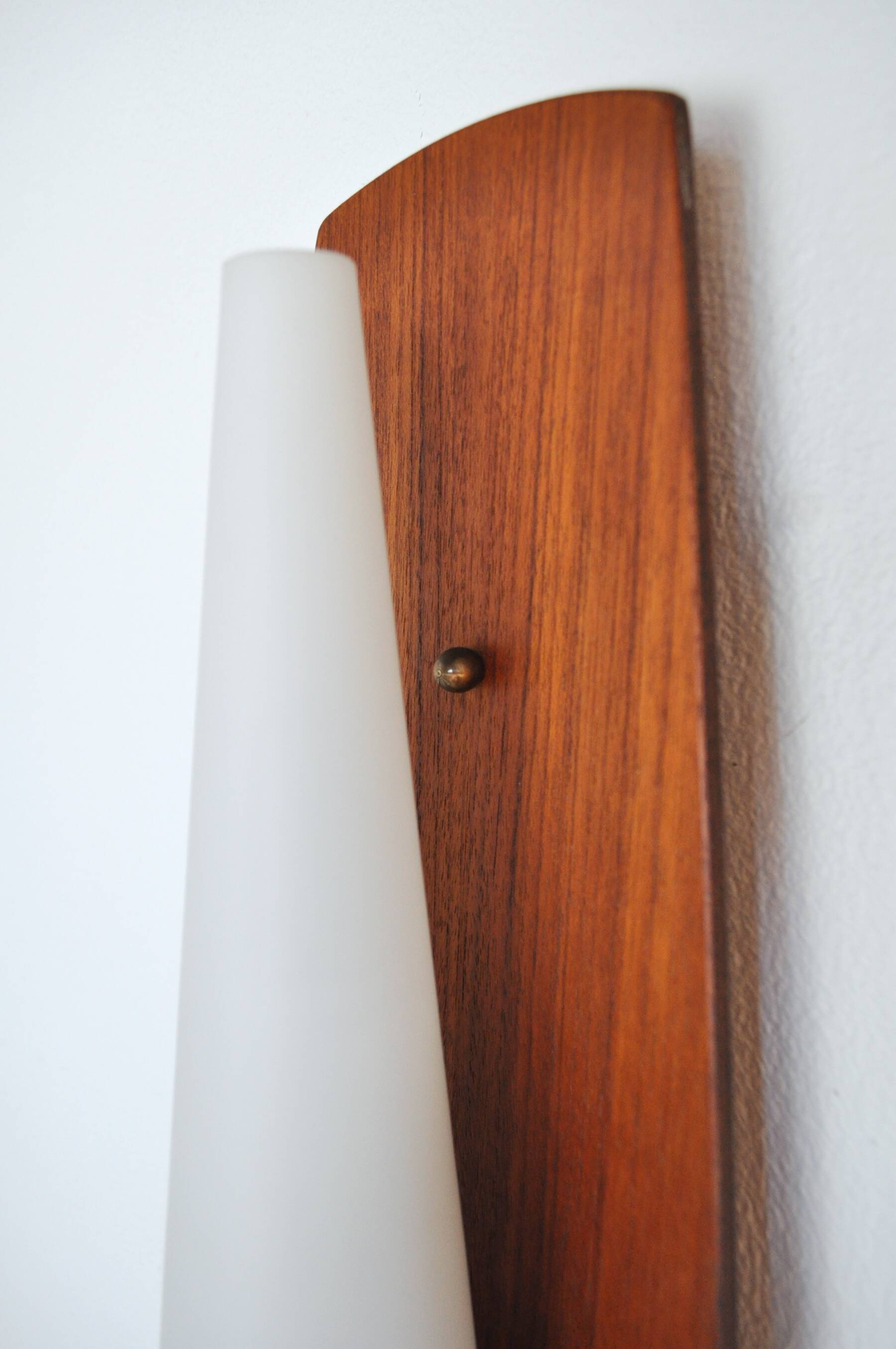 Scandinavian modern danish wall light in teak, brass and opaline glass, 1960s