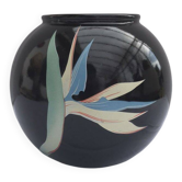 Black Ceramic Round Vase with Flower and Paradise Bird Design, 1970s Vintage