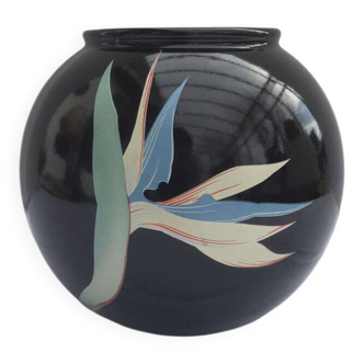Black Ceramic Round Vase with Flower and Paradise Bird Design, 1970s Vintage