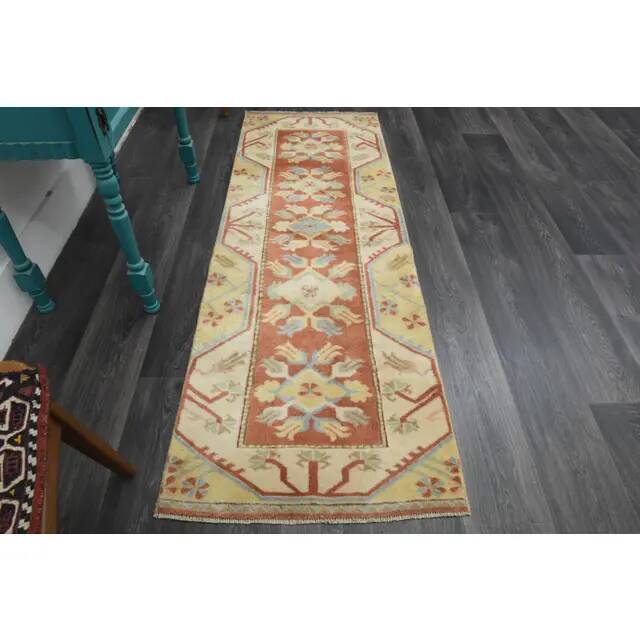 1970s Vintage Turkish Handmade Wool & Cotton Orange Runner Rug 69X196
