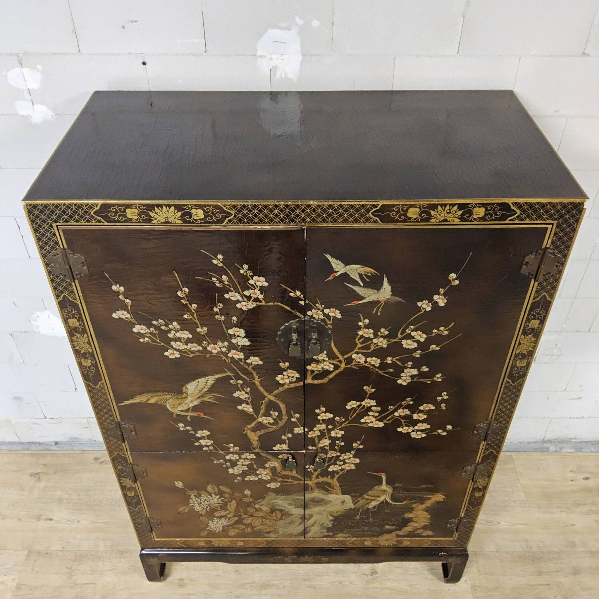 Vintage Chinese cabinet with birds & flowers, red & gold (bohemian)