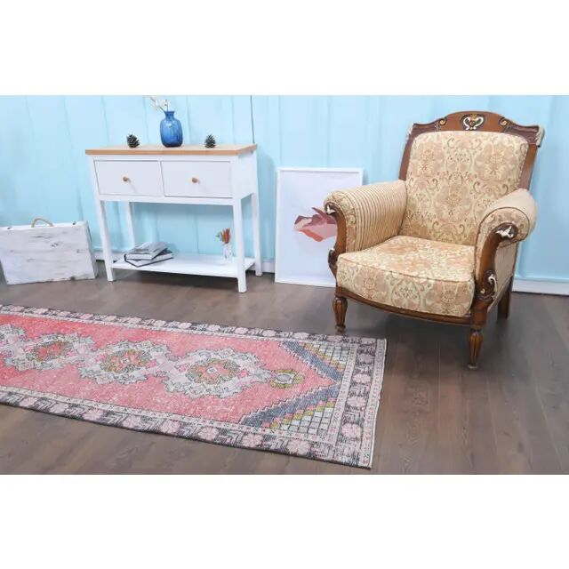 Vintage Turkish Oushak Handmade Wool Cotton Pink Runner 88x273