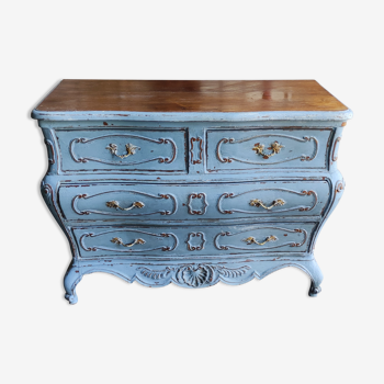 Curved chest of drawers 4 drawers patinated blue louis xv style