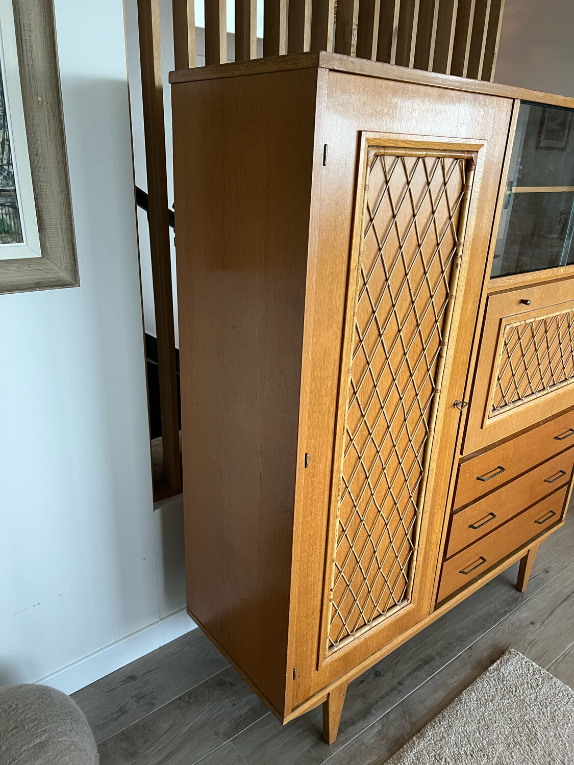 Multifunctional cabinet in wood and rattan