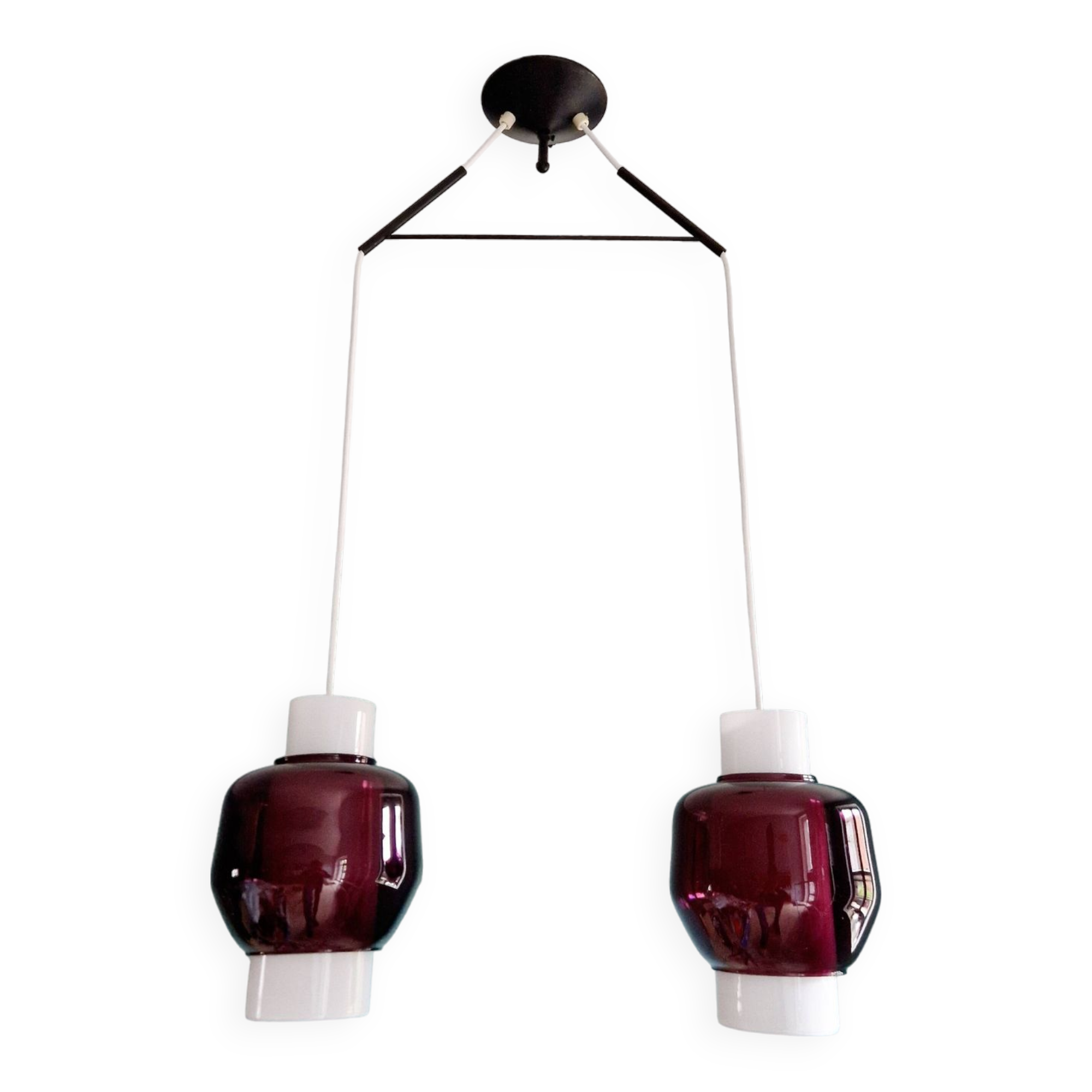 Scandinavian double pendant light in white opaline and amethyst glass, 1960s