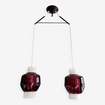 Suspension scandinave double en opaline blanche et verre améthyste, années 60