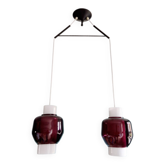 Suspension scandinave double en opaline blanche et verre améthyste, années 60