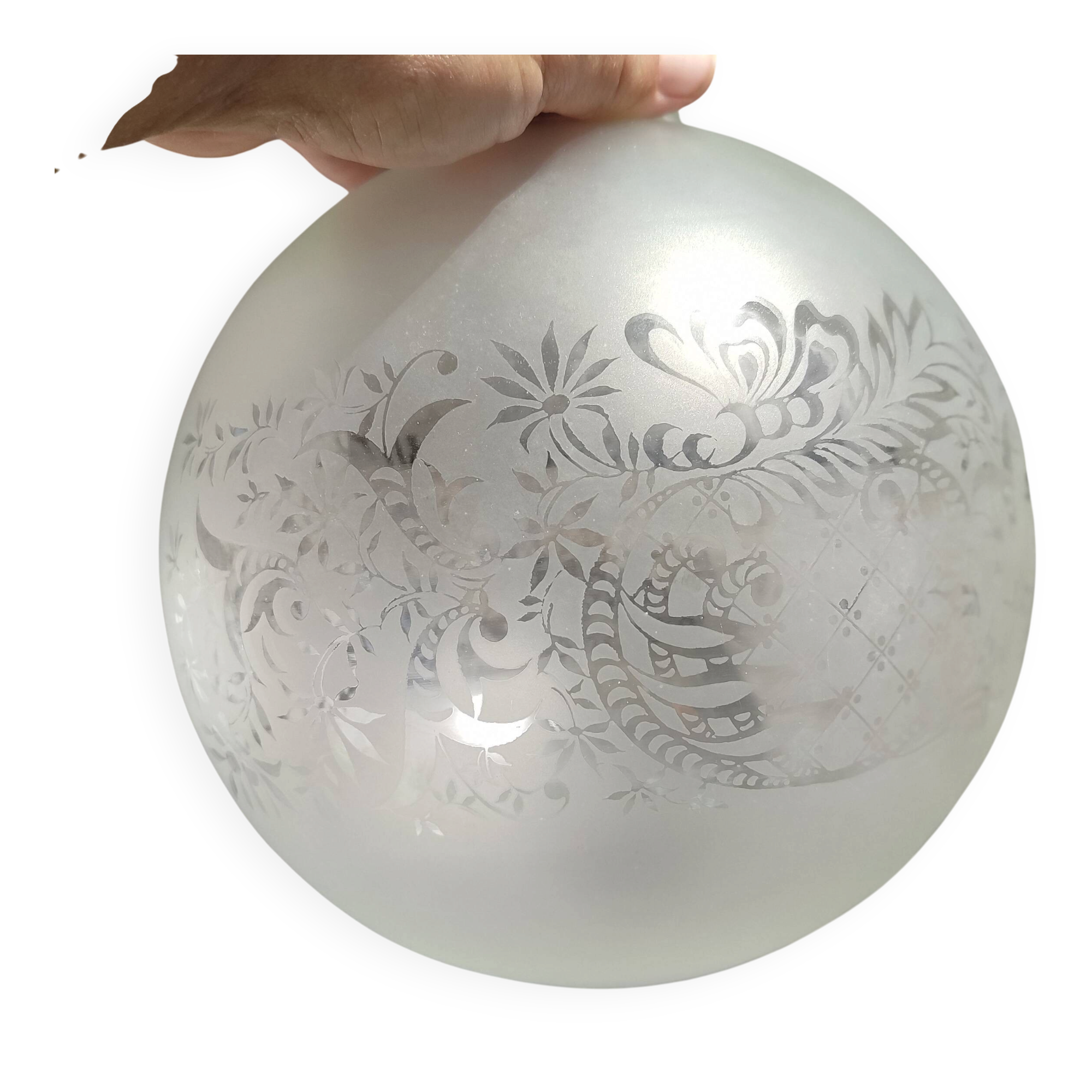 Frosted glass suspension globe with floral patterns in Art Deco style.