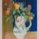Paul Collomb: Bouquet on a blue background, signed original lithograph.