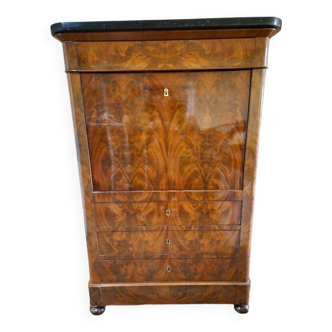 Louis Philippe period secretary, circa 1840 - In flamed mahogany and mahogany and marble veneer